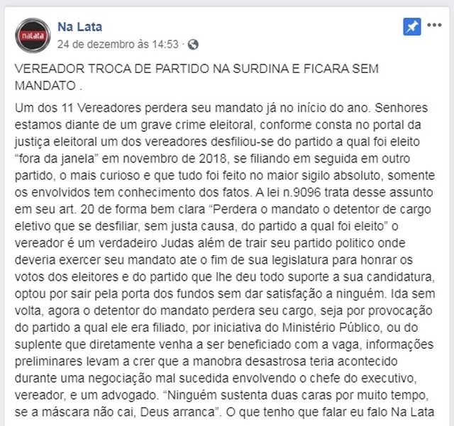 Vereadora Jane Barrios alega fraude, após vir a público filiação fora da janela partidária