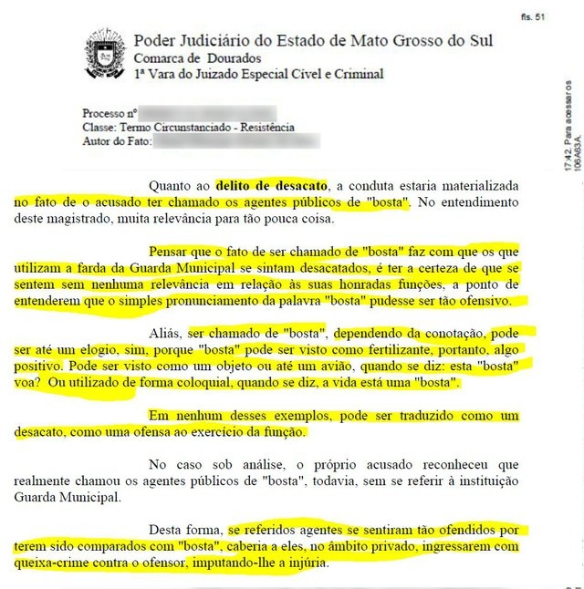 Trecho da sentença em que juiz de Dourados argumenta que xingar guardas municipais de 