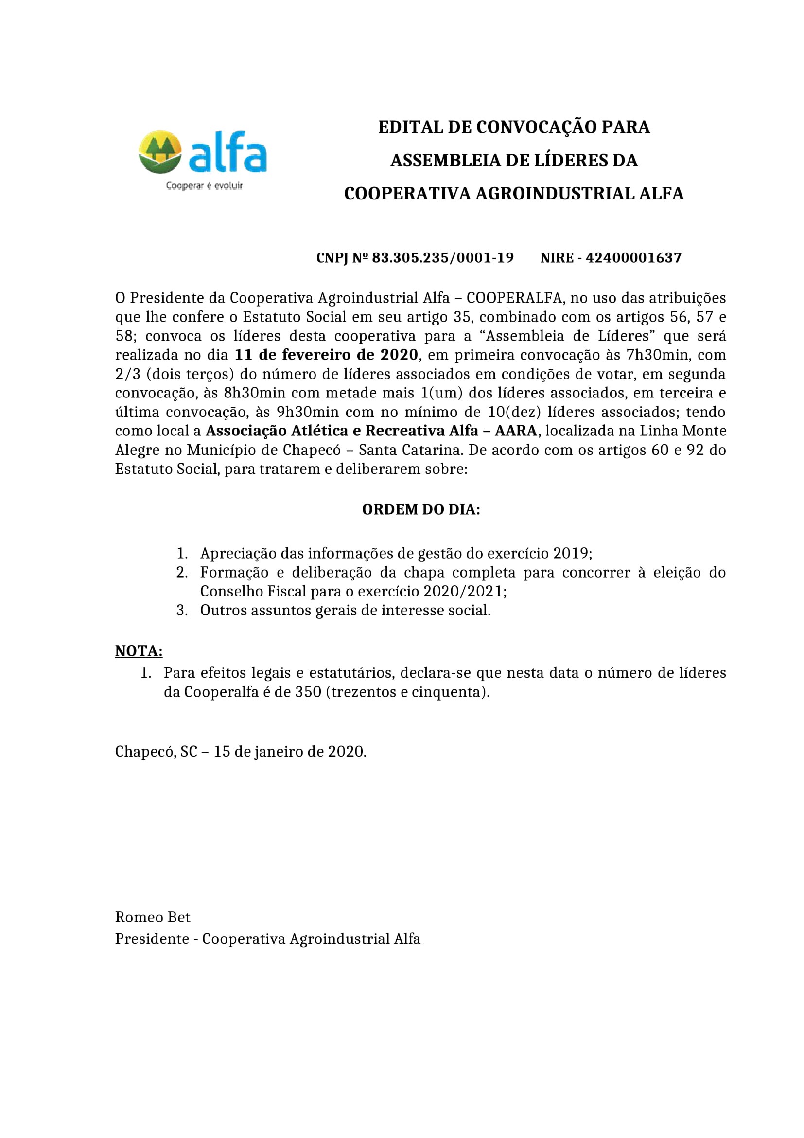 EDITAL DE CONVOCAÇÃO PARA ASSEMBLEIA DE LÍDERES DA COOPERATIVA AGROINDUSTRIAL ALFA