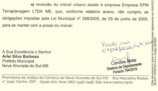 Prefeito Arlei tem sete dias para comprovar retomada do terreno doado a empresa pertencente ao secretário de obras Recordo do Oficio enviado a nossa redação comprovam que a prefeitura já foi notificada pelo Ministério Publico Estadual.