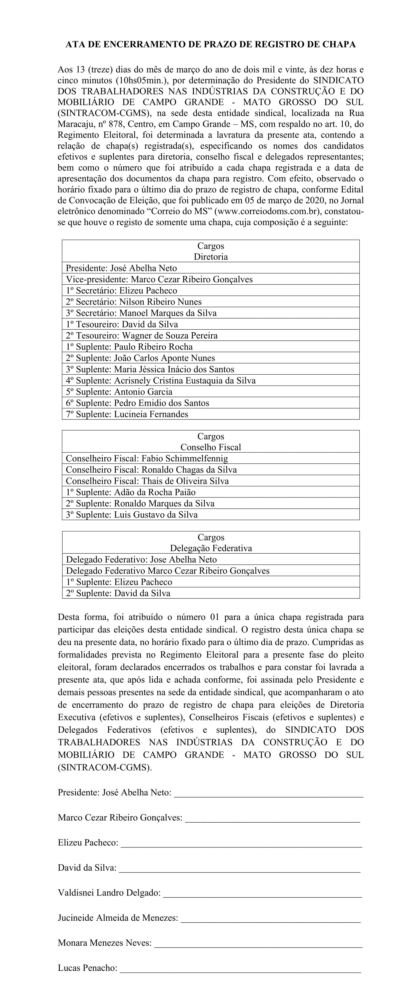 ATA DE ENCERRAMENTO DE PRAZO DE REGISTRO DE CHAPA