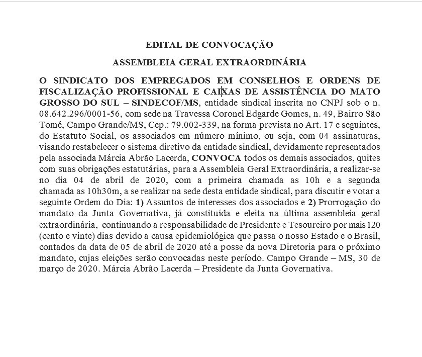 EDITAL DE CONVOCAÇÃO ASSEMBLEIA GERAL EXTRAORDINÁRIA