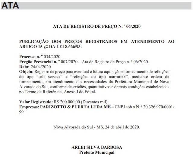 Prefeitura contrata R$ 200 mil em fornecimento de self-service e marmitex