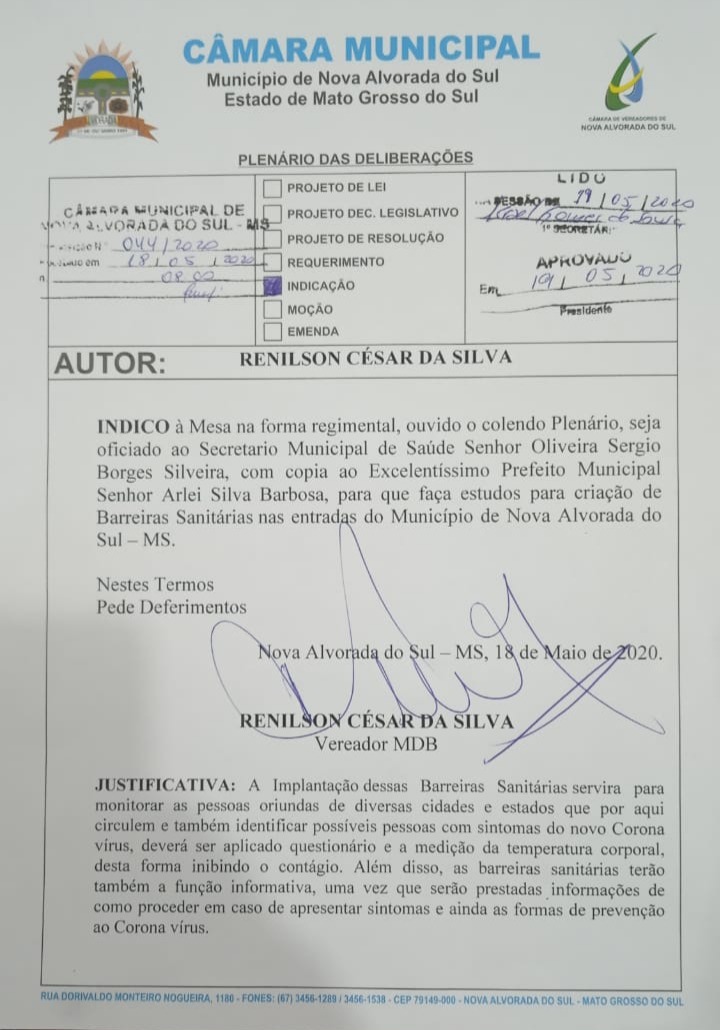 Vereador Renilson cobra do executivo implantação de “Barreiras Sanitárias” nas entradas da cidade Vereador Renilson cobra do executivo implantação de “Barreiras Sanitárias” nas entradas da cidade