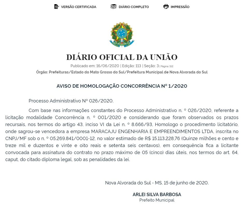 Empresa vence licitação de R$ 15 milhões para melhoria viária em Nova Alvorada do Sul Empresa vence licitação de R$ 15 milhões para melhoria viária em Nova Alvorada do Sul