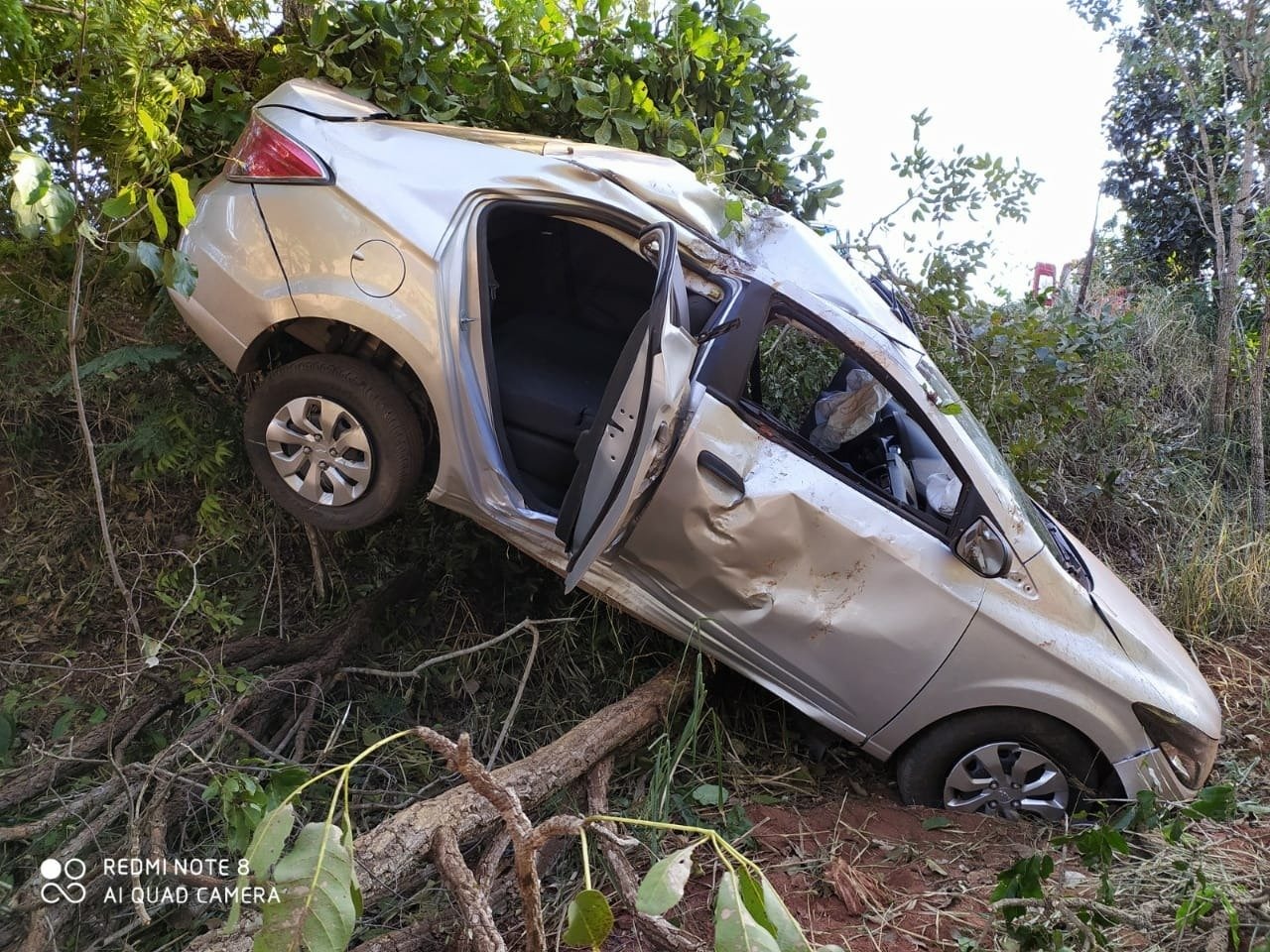 A caminho de Campo Grande, carro capota na BR-262 e ocupantes ficam feridos O carro só parou na vegetação (Foto: Rádio Caçula)