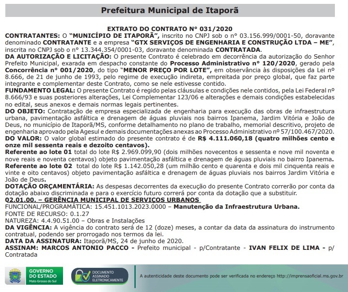 Prefeitura de Itaporã formaliza contrato de mais de 4 milhões com empresa investigada por lavagem de dinheiro