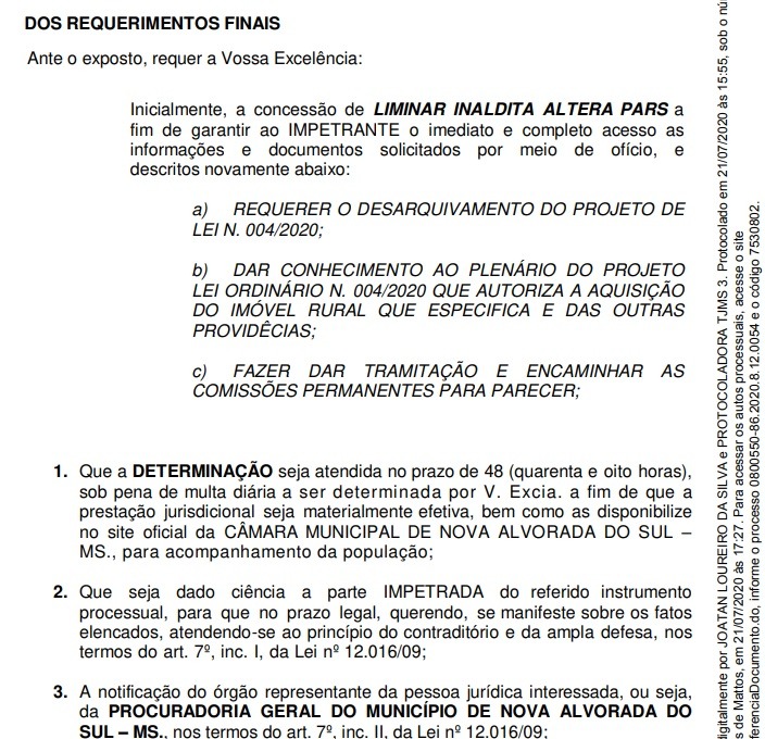 Vereador Mesquita entra justiça contra presidente da Câmara Vanderlei Bueno para desarquivar projeto de compra do Lote 01