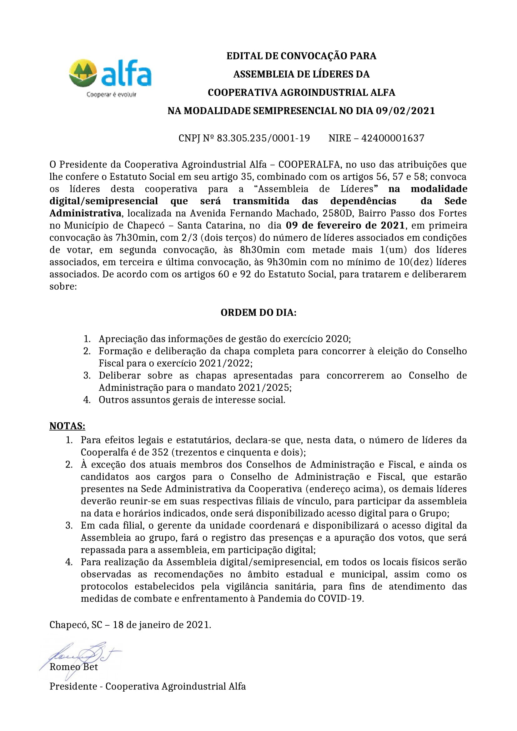 EDITAL DE CONVOCAÇÃO PARA ASSEMBLEIA DE LÍDERES DA COOPERATIVA AGROINDUSTRIAL ALFA