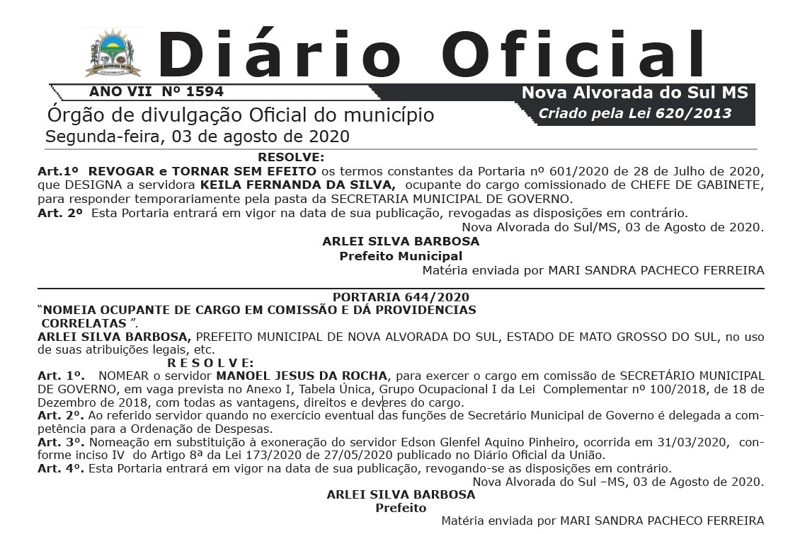 Prefeito Arlei (MDB) nomeia Vereador Manoel (DEM) na Secretária Municipal de Governo