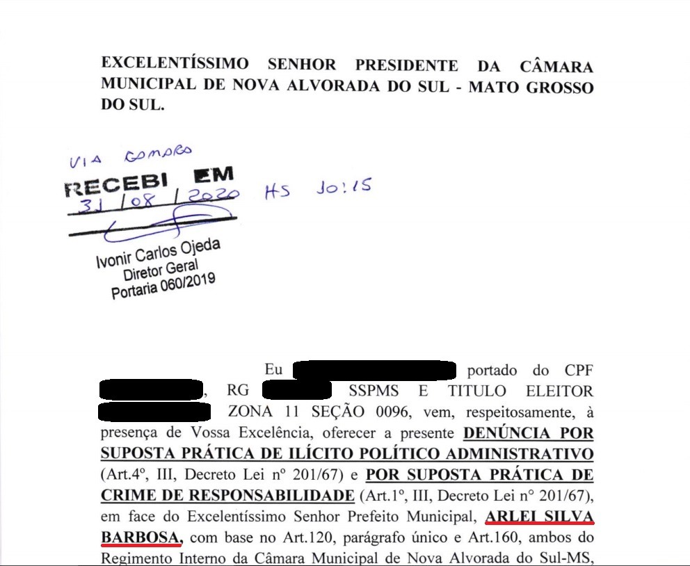 Denúncia contra prefeito é protocolado na Câmara Municipal de Nova Alvorada do Sul Denúncia contra prefeito é protocolado na Câmara Municipal de Nova Alvorada do Sul
