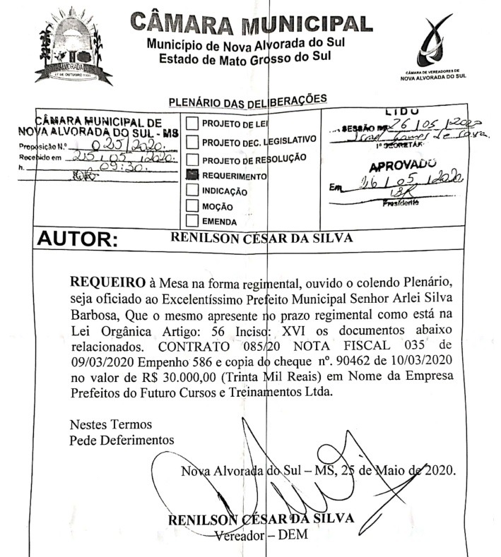 Denúncia contra prefeito é protocolado na Câmara Municipal de Nova Alvorada do Sul Denúncia contra prefeito é protocolado na Câmara Municipal de Nova Alvorada do Sul