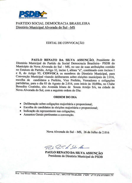 Acontece na próxima semana a Convenção Municipal do PSDB em Nova Alvorada do Sul Acontece na próxima semana a Convenção Municipal do PSDB em Nova Alvorada do Sul