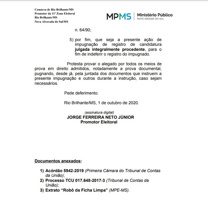 Ministério Público Eleitoral pede impugnação da candidatura de Arlei Barbosa